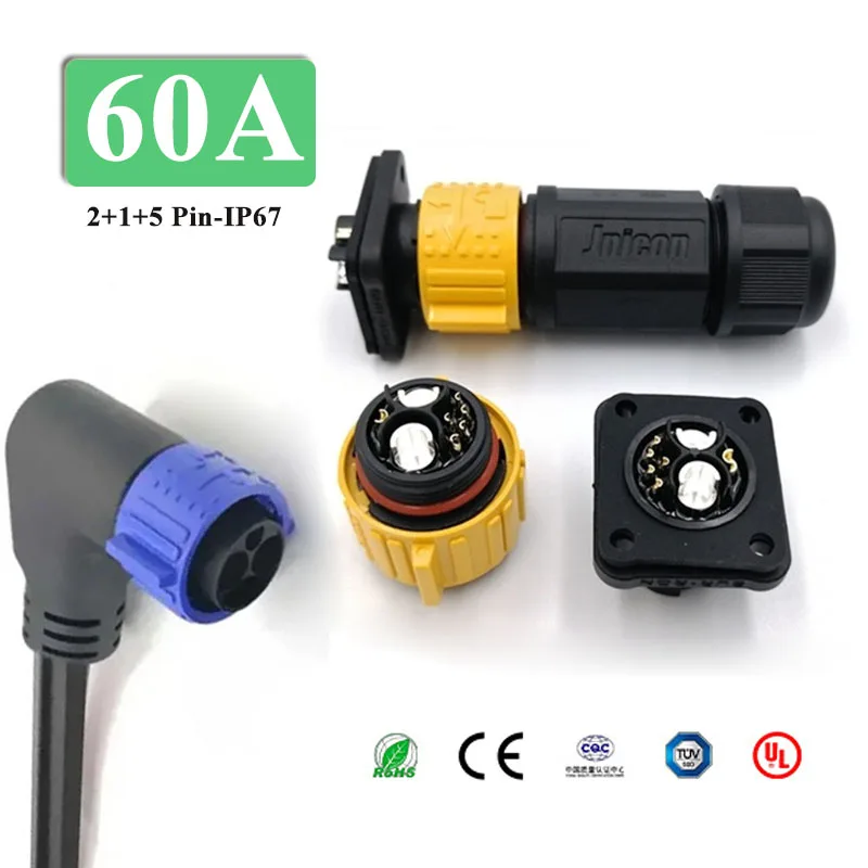 IP67 60A 2+1+5 Electric Motorcycle Lithium Battery Connector Waterproof M25 E-bike Charging Power Plug Socket CE UL Certified