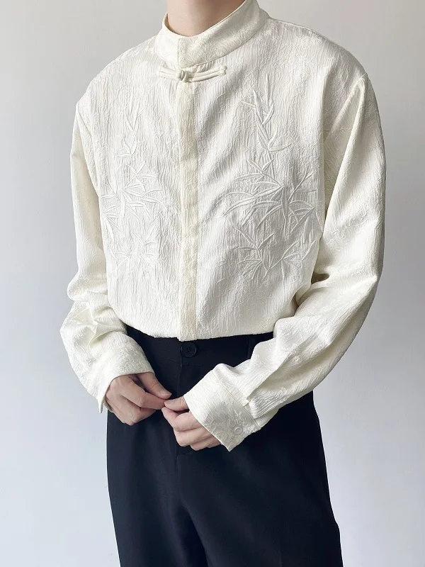 

New Chinese Sle Men's irt 2024 Autumn High-End Feeling Stand Collar Button up Embroidery Haome Long Sve Traditional...