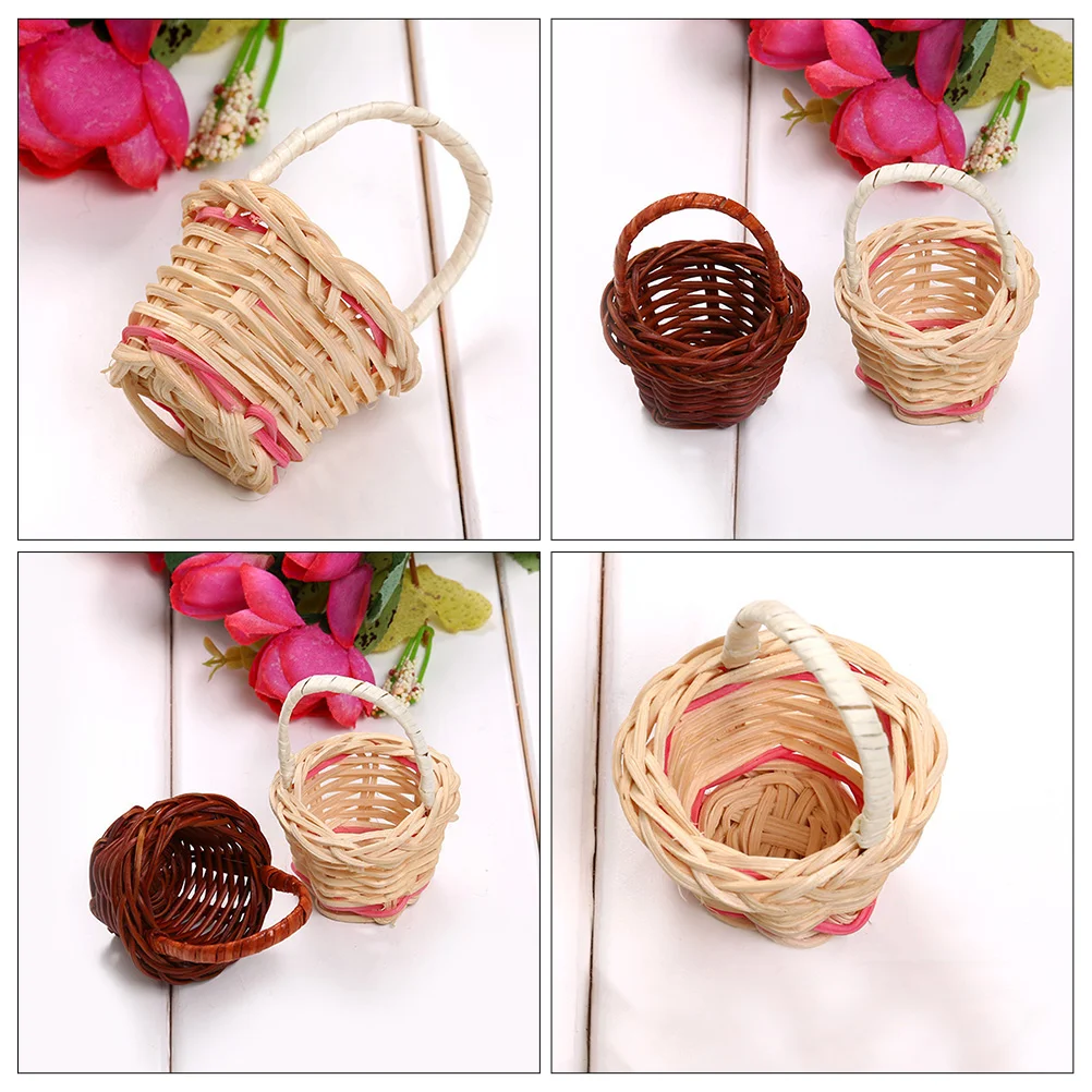 12 Stück Mini-Einkaufskorb für den Schreibtisch, Blumenornamente, Miniaturmodell, Picknick-Dekorationen, florales Rattan, gewebt, Weinrebe