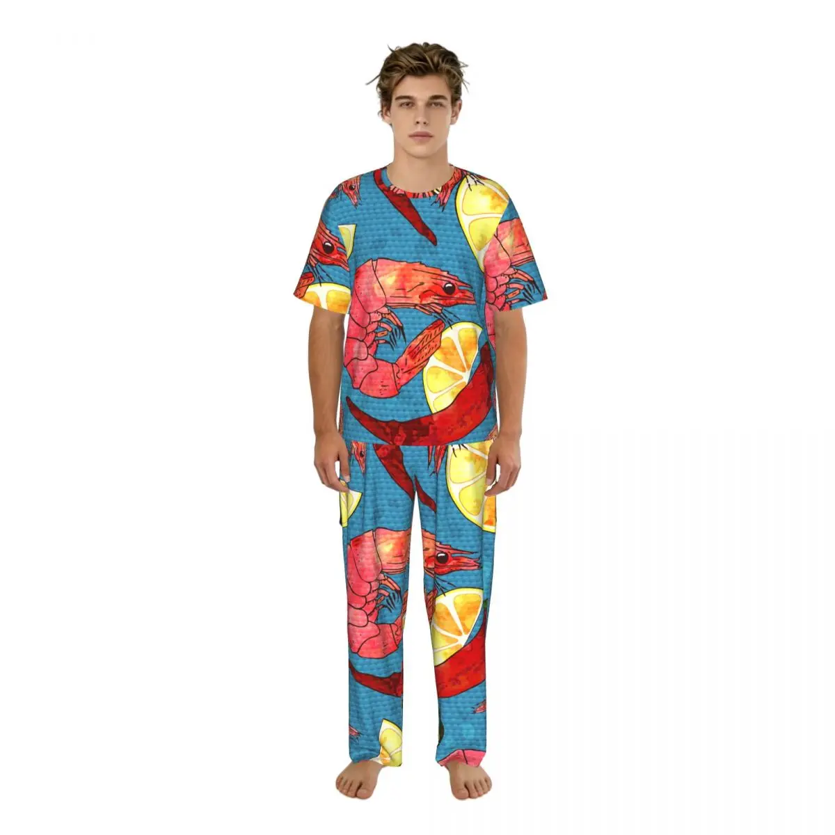 

Men Pajamas Set Shrimp Chili Lemon Short Sleeve Spring Summer Lounge Sleepwear Male Nightwear