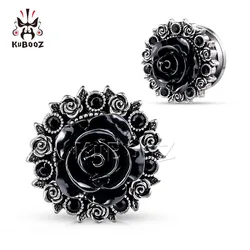 KUBOOZ 2PCS Gothic Rose Flower Ear Expanders Stainless Steel Screw Piercing Stretchers Gauges Plug Earrings Body Jewelry
