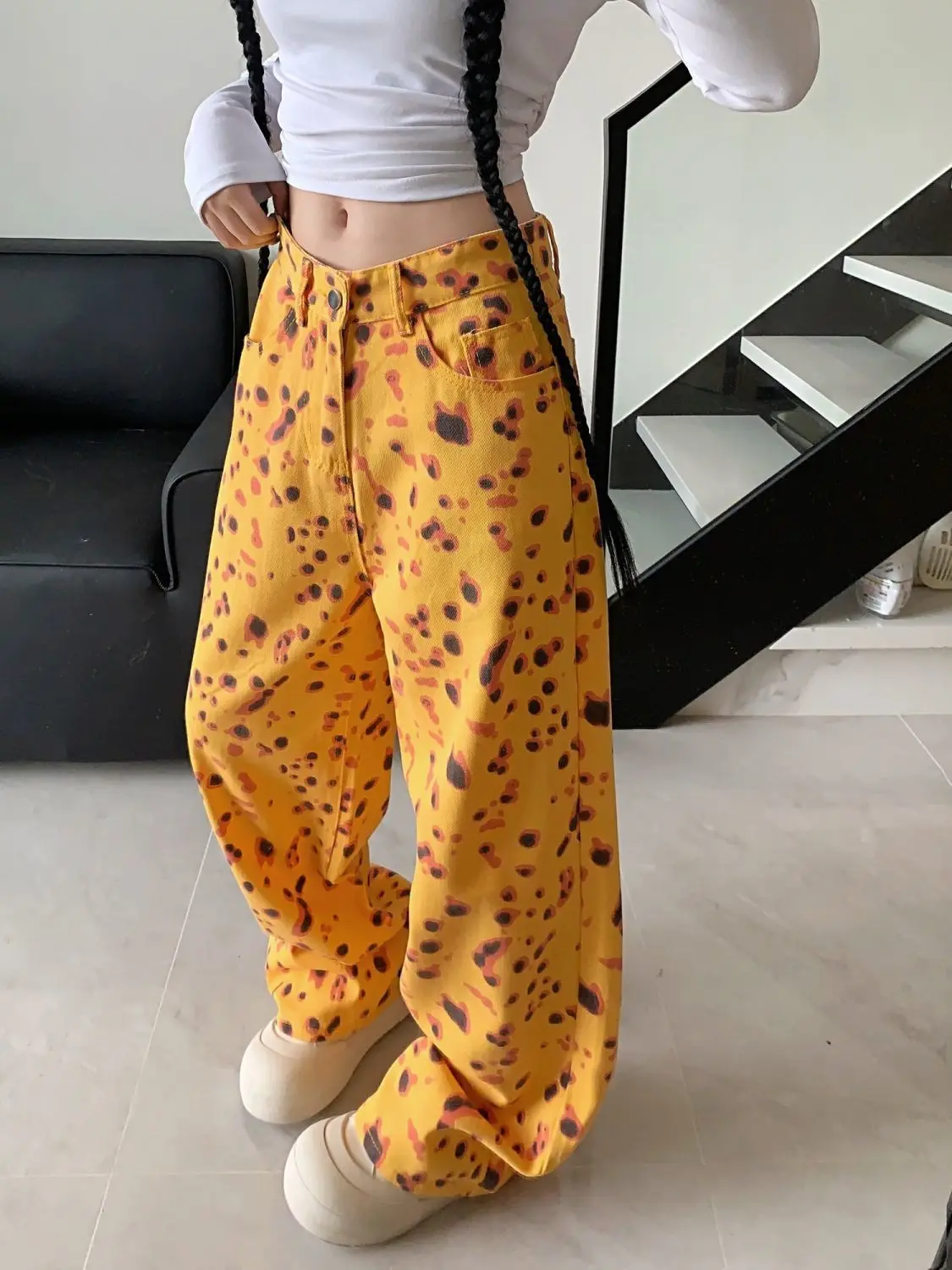 

Американские ретро желтые джинсы с леопардовым принтом, осенние новые повседневные широкие брюки с высокой талией, свободные джинсовые брюки