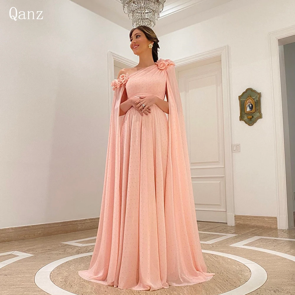 

Qanz Formal Evening Dresses Pink Chiffon Flowers Long Sleeves Pleat A Line Women's Evening Dresses Prom Dresses 2023 New Fashion