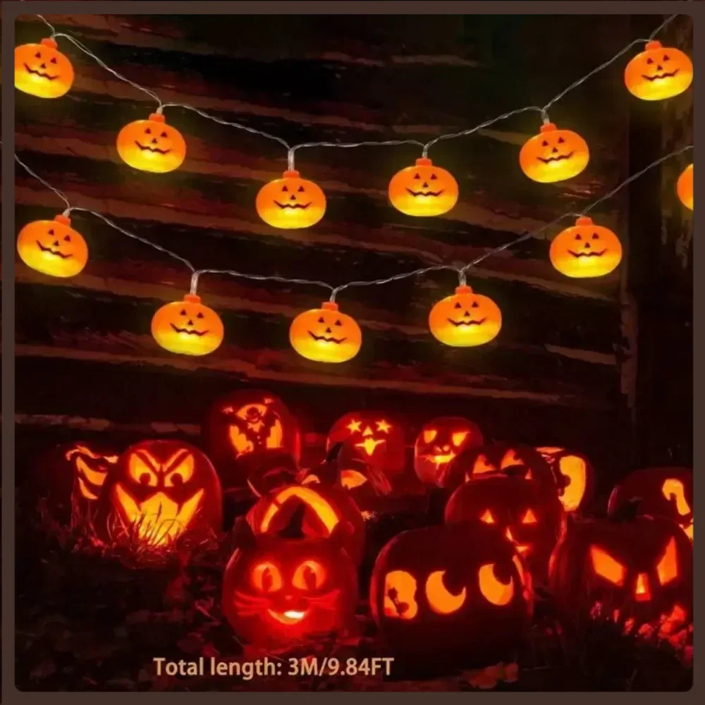 1 Halloween pumpkin string lantern, battery powered, orange pumpkin lantern, suitable for Halloween autumn bedroom fireplace