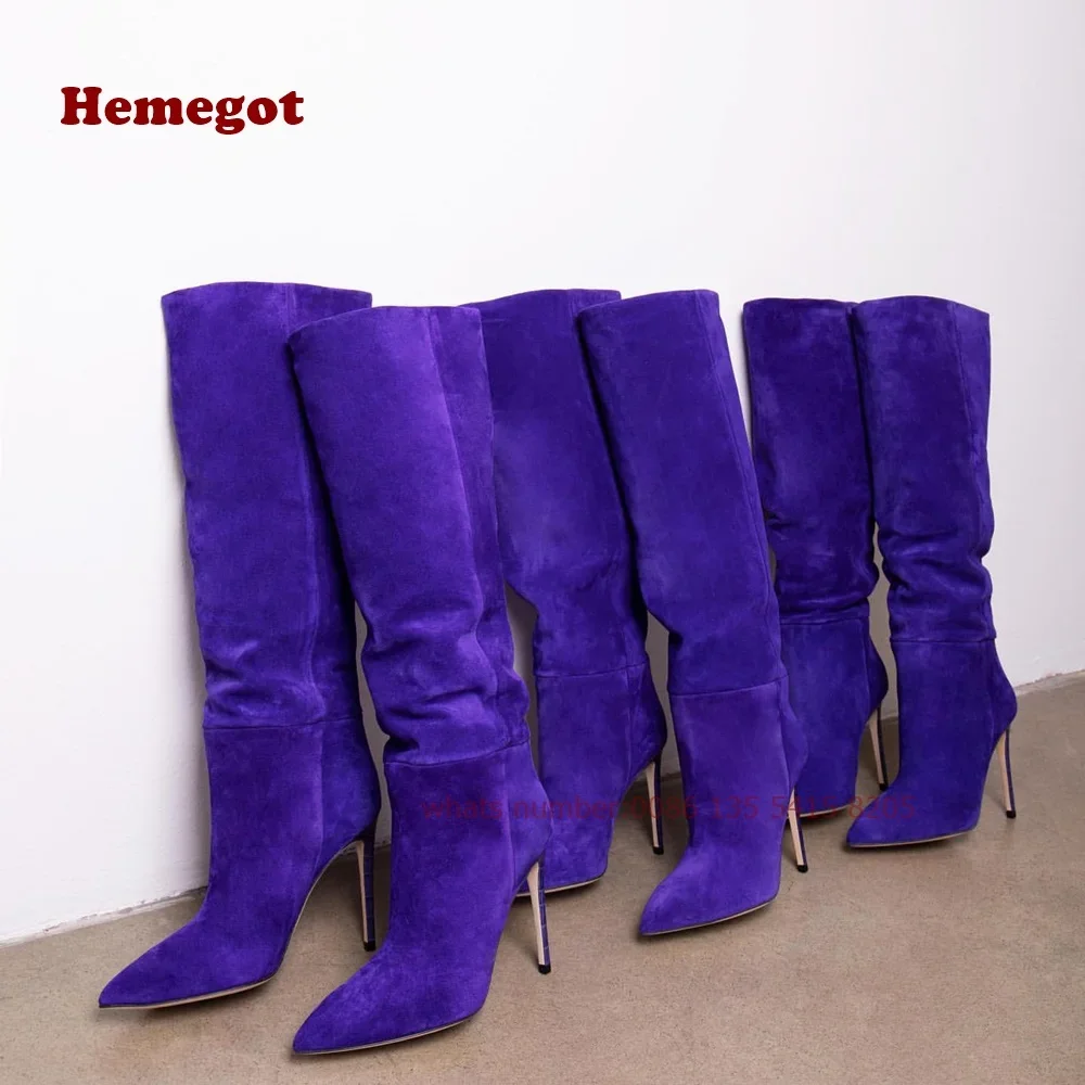 

Black Calf Suede Heel Over The Knee Boots Pleated Stiletto Heels Women's Long Boots Slip On Pointy Toe Elegant Runway Shoes Sexy