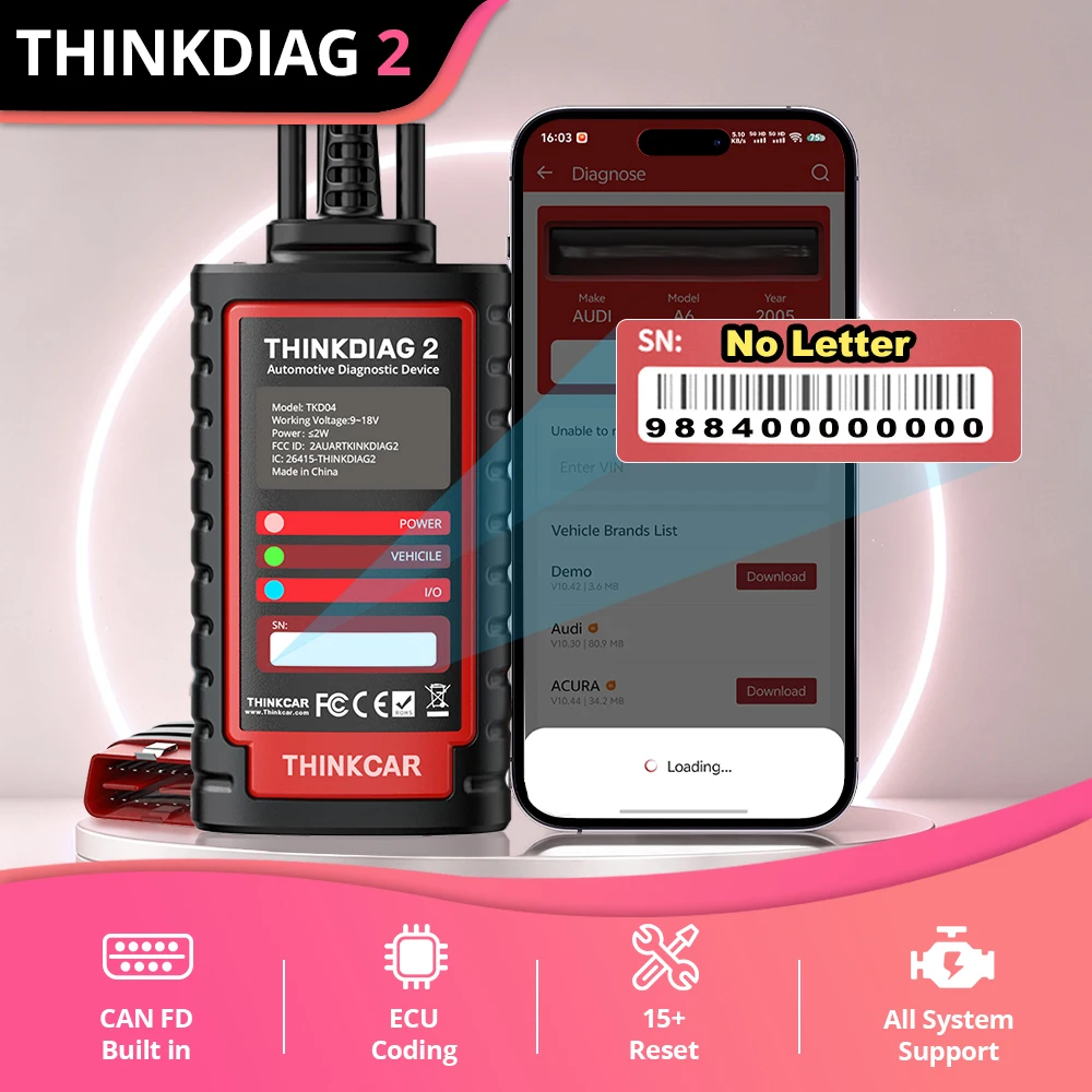 Thinkdiag2 All System Bidirectional OBD2 Diagnostic Scanner for iOS/Android THINKCAR Bluetooth Scan Tool with CAN-FD Protocol, 15+ Reset Functions, ECU Code, Active Test, AutoVIN, 1 Year Update A Professional Technician's Diagnostic Tool