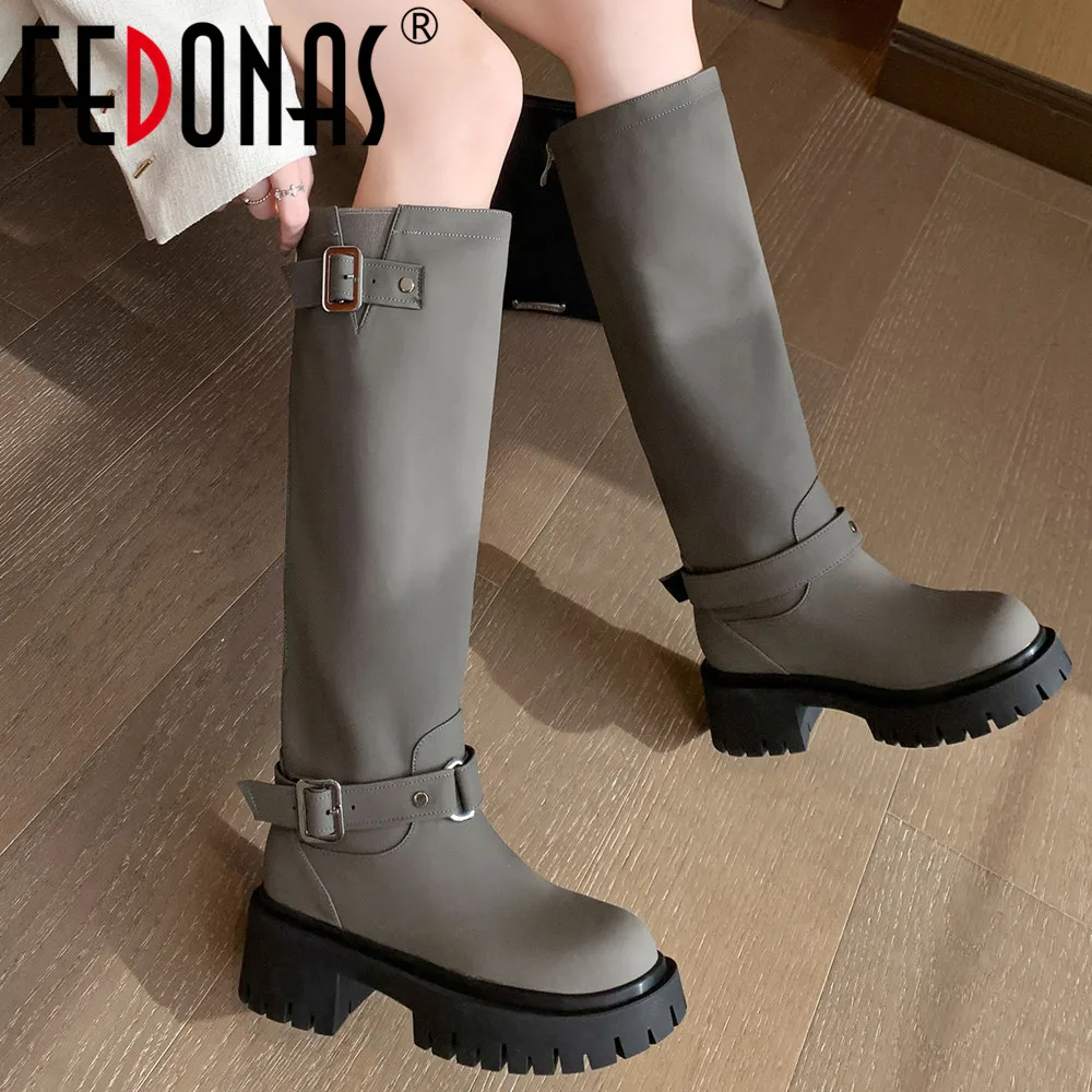 

FEDONAS Women Genuine Leather Knee-High Boots Autumn Winter Thick Heels Round Toe Fashion Belt Buckle Office Lady Shoes Woman