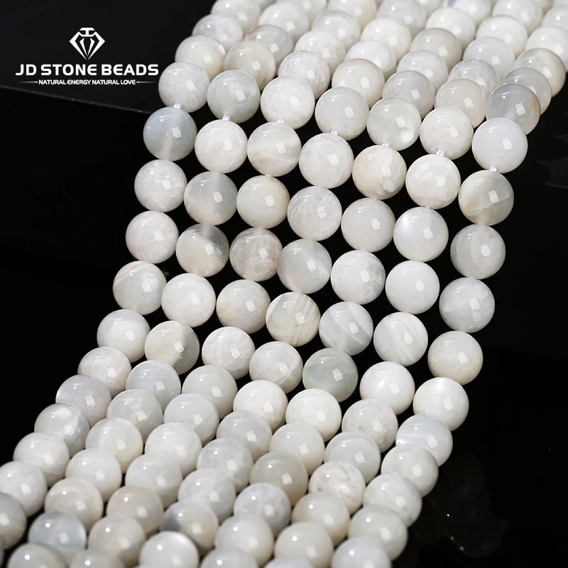 Conta Natural Moonstone Branca para Fazer Jóias, Espaçador Redondo Solto, Pedra Brilhante, Colar e Acessório DIY, 6mm, 8mm, 10mm, 3A