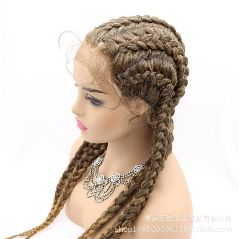 

Hand-woven front lace synthetic fiber wig with gradient five braids, natural and seamless headpiece