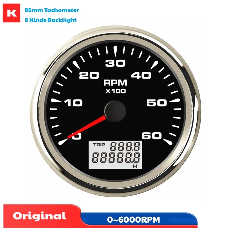 

85mm Tachometers Gauges 0-6000RPM Show Revolution Meters Pulse Signal Instrument with 8 Kinds Backlight Color for Car Boat