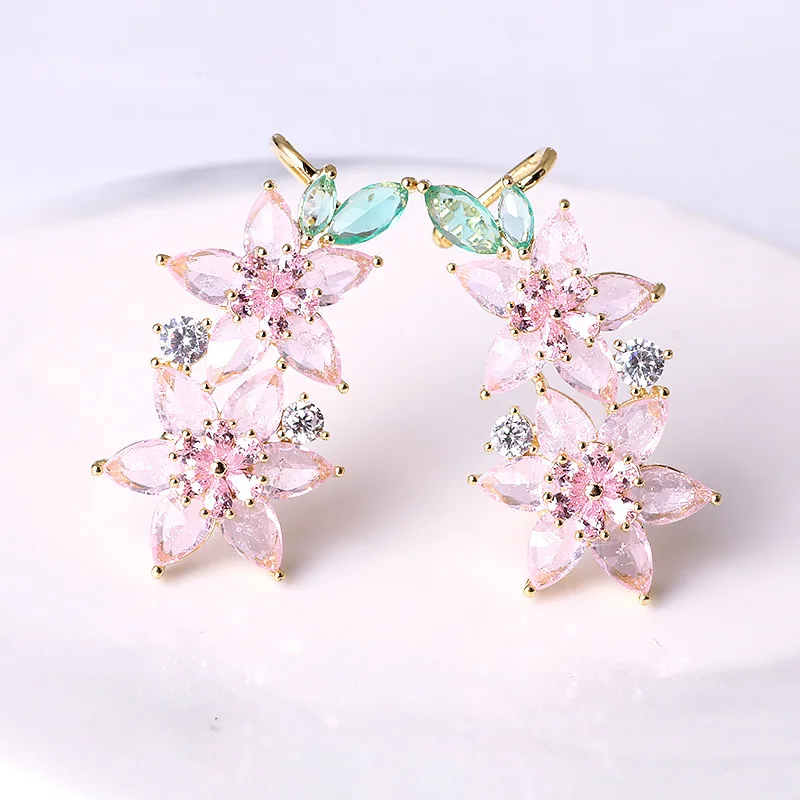 Fashion Flower Cuff Earring Beautiful Ice Cubic Zirconia Paved Wedding Jewelri Anniversary Women Drop Earring