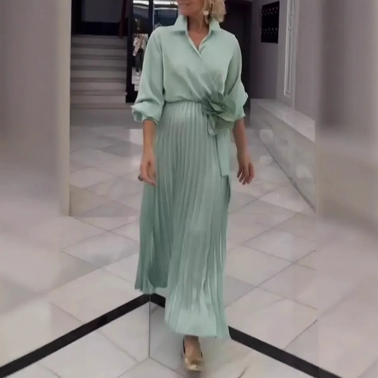 Büro Lace Up Plissee Langes Kleid Frauen Fashion Solid Laterne Hülse Kleider für Frauen 2025, Frühling Casual Maxi Hemd Kleid