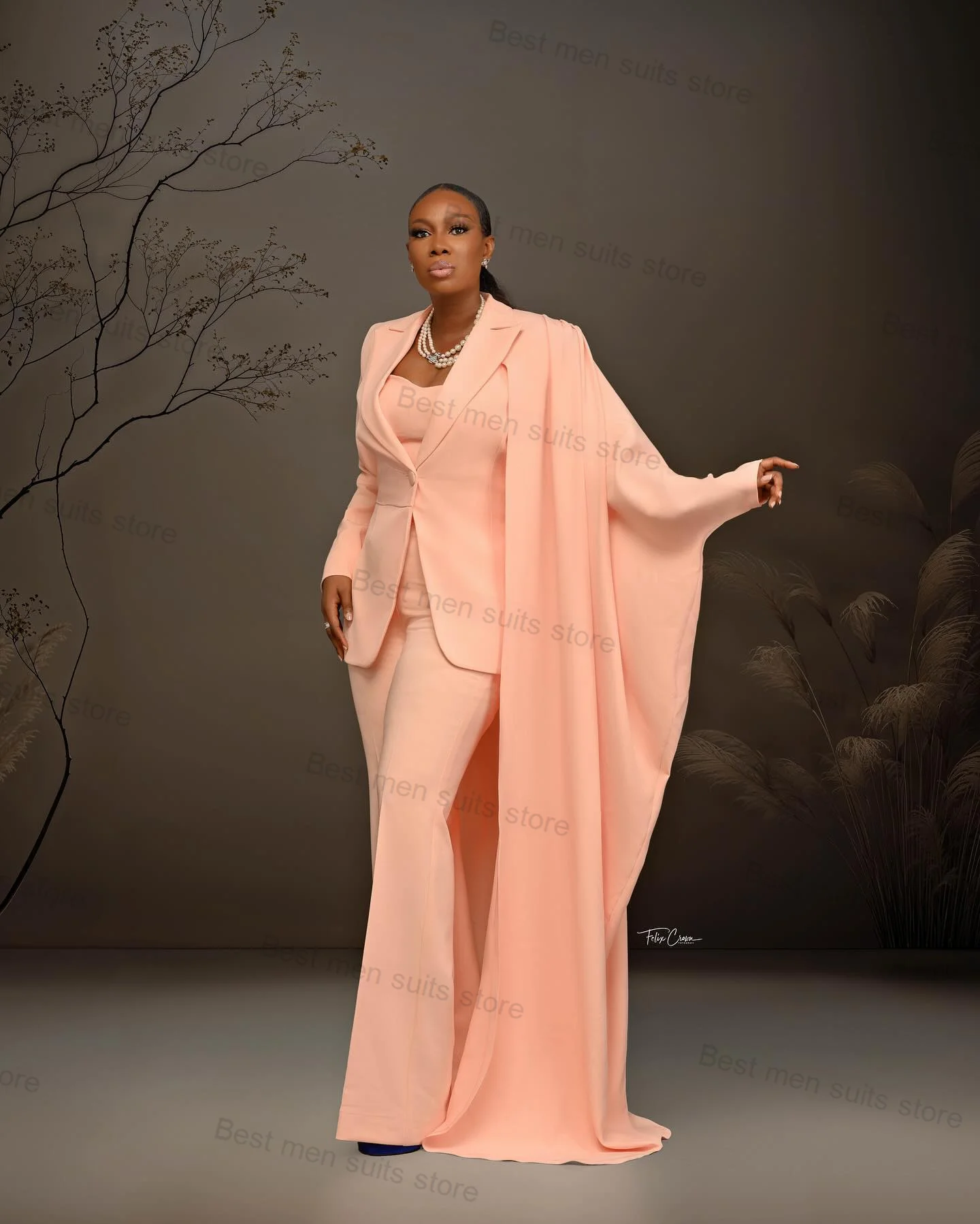 Luxury Pink Cape Women Suit Pants Set 2 Piece Blazer+Trousers Formal Office Lady Jacket Custom Size Wedding Prom Coat With Wrap