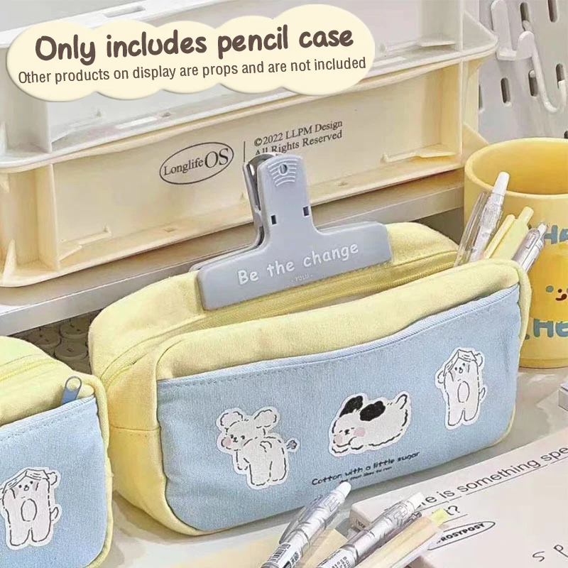 Ins Cute Cream Yellow Blue Cartoon Three Puppy Pencil Case Large Capacity Stationery Storage Bag Back To School Supplies