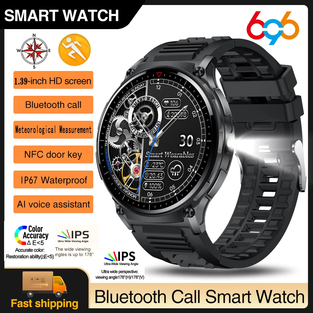 Montre intelligente de sport pour homme, boussole extérieure, lampe de poche, appel Bluetooth, fréquence cardiaque, santé, NDavid, musique, météo, montre intelligente de fitness