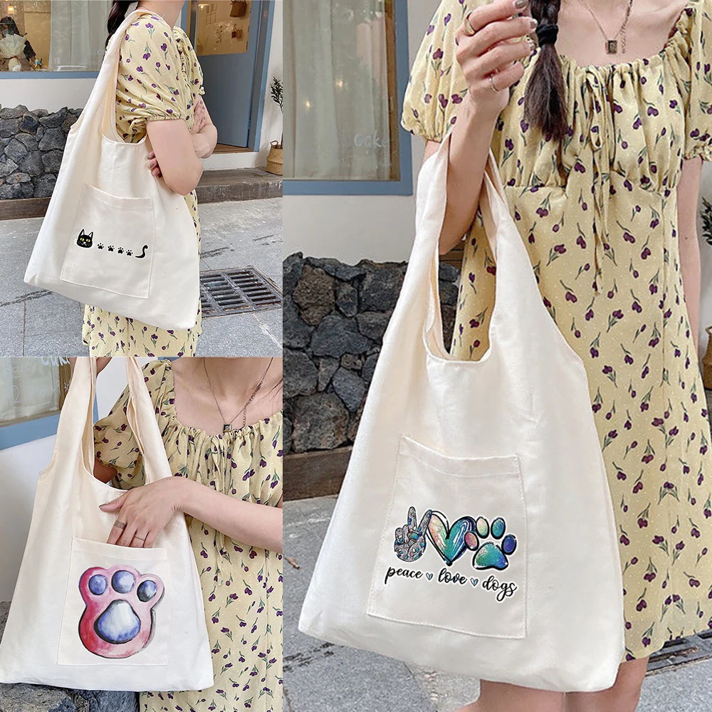 

Women's Shopping Bags Canvas Commuter Vest Bag Foot Prints Series Reusable Grocery Handbags Eco Messenger Tote Shopper Bag