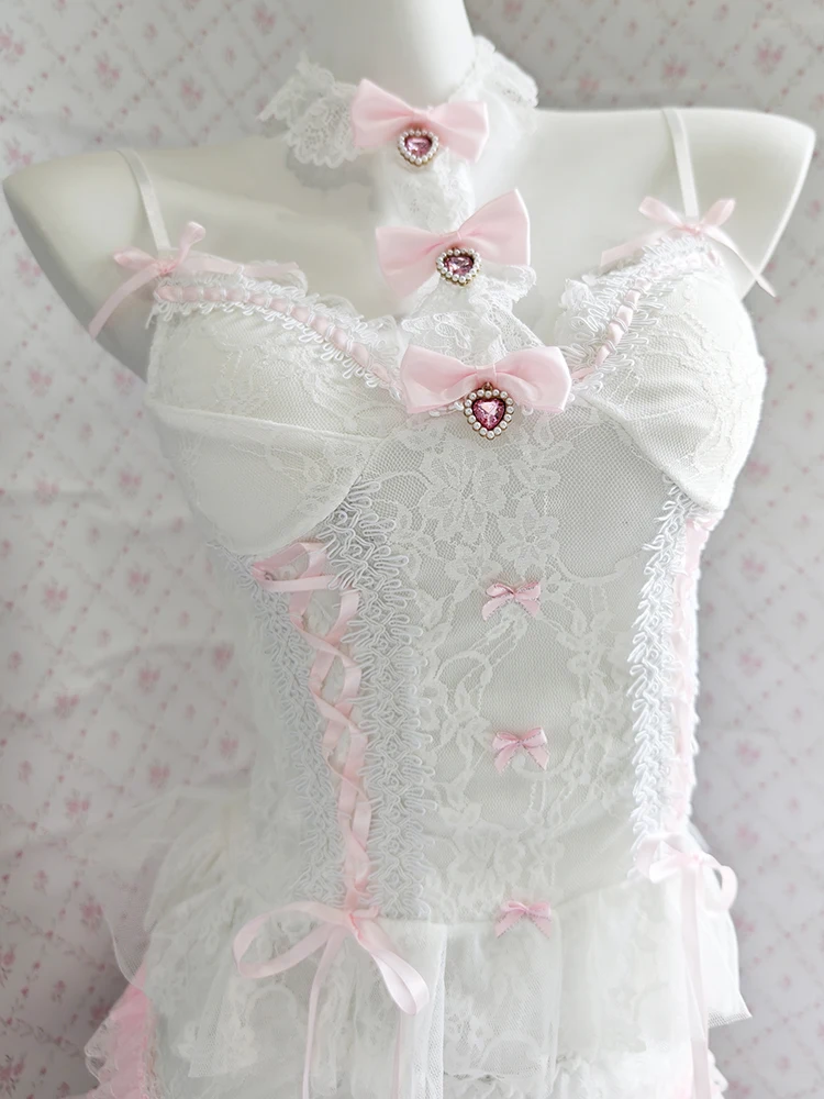 

White Lace Crop Tops Women Summer Pink Bows Pendant Decoration Lace-up Cute Camis Sweet Top