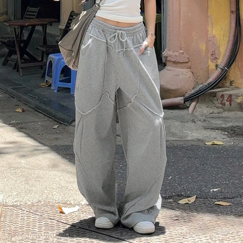 DSMTRC 2025 New Harajuku Korean Style Gray Loose Wide Leg Trousers Street Joggers Stylish Chic Split Patchwork Women Baggy Pants