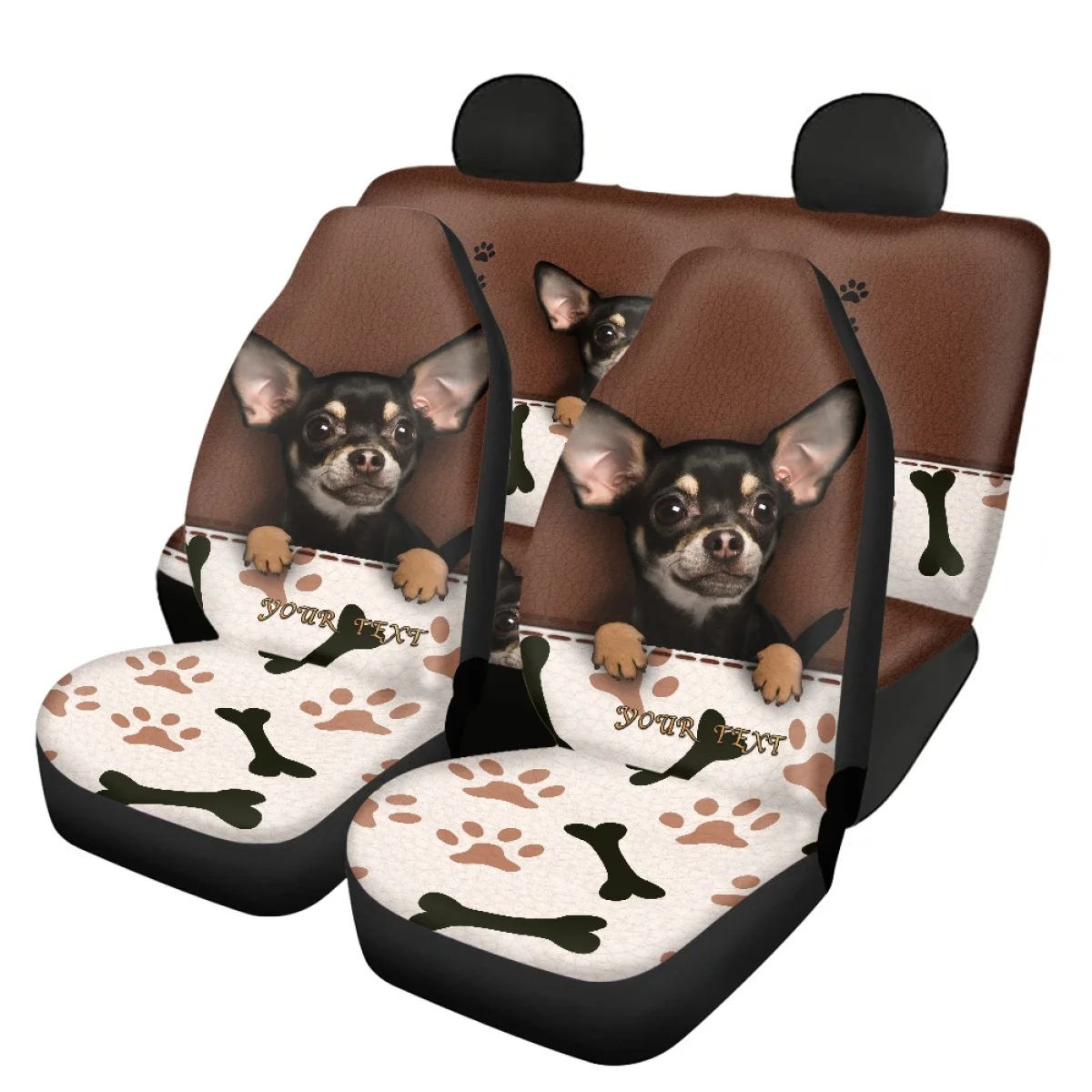 Cute Animal Chihuahua Pattern 4pcs/set Front&Rear Car Seat Cover Dog Paw Automotive Interior Accessories Soft Car Seat Protector