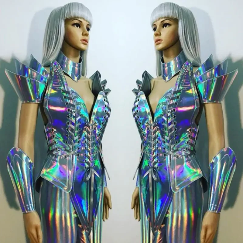 

Club Christmas Party Women Gogo Dance Outfit Future show Cloth Cosplay Costume Japanese School Girls Uniform Holographic Armor