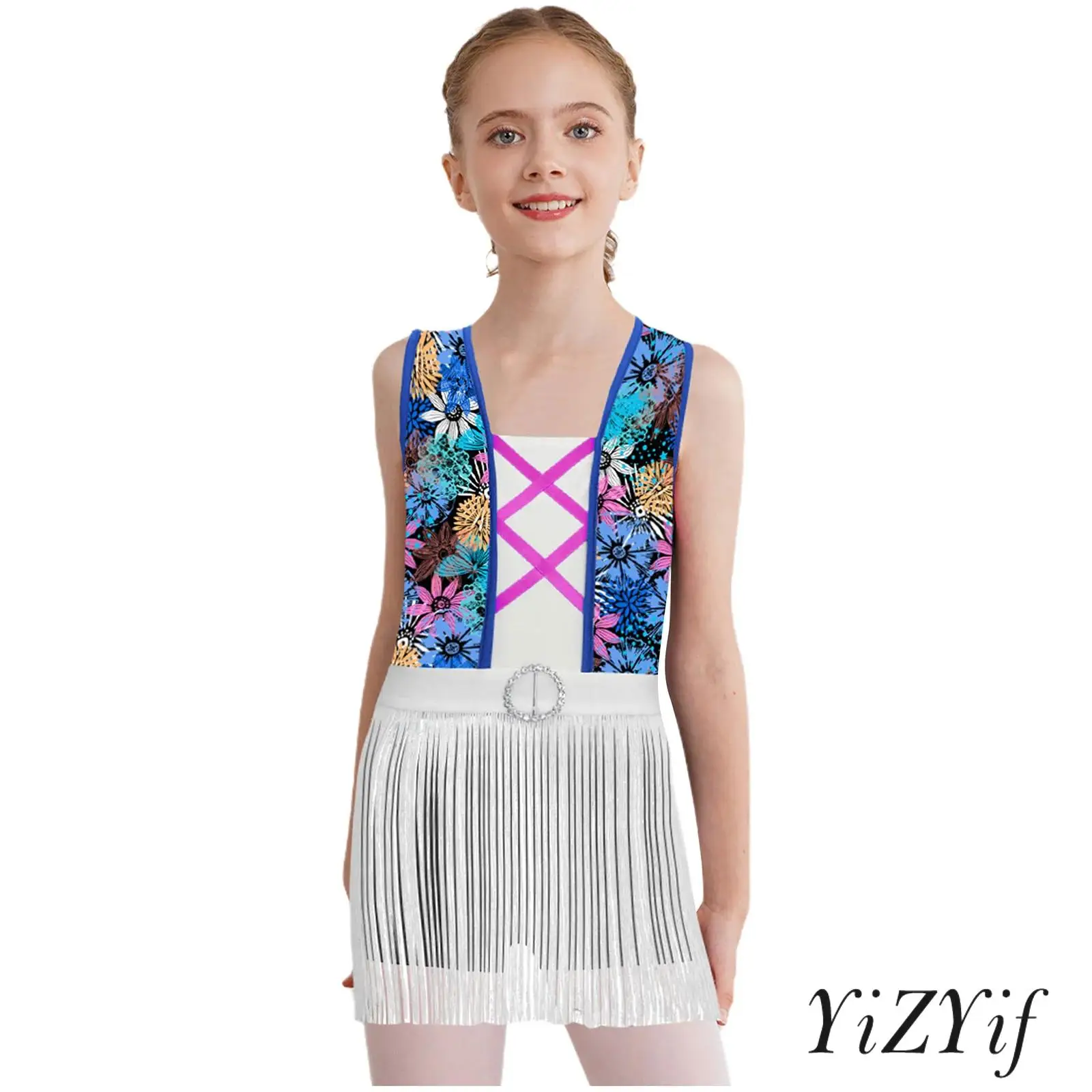 

Girls Dance Outfit Print Fringe Crop Top Tank Vest Dance Top with Shorts for Modern Dance Latin Salsa Ballroom Cha Cha Dance