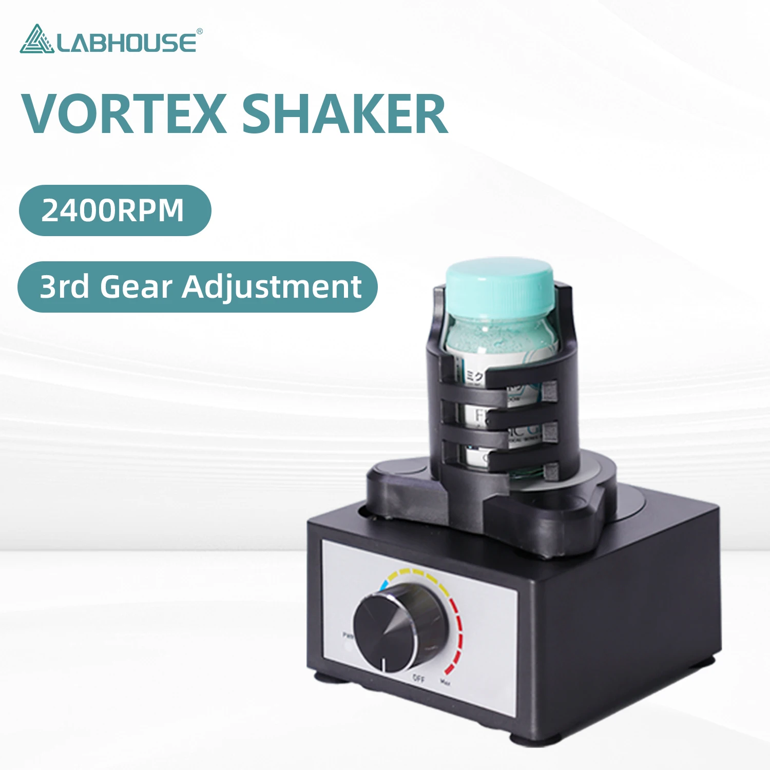 LABHOUSE Model Vortex Paint Shaker Mixer, 0‑2400 RPM, Max. 100 mL, Hands‑Free Clamp, for Hobby Paints, Nail Polish, Pigments, Glue Adhesives, Lab Use, 100 Mixing Balls Included