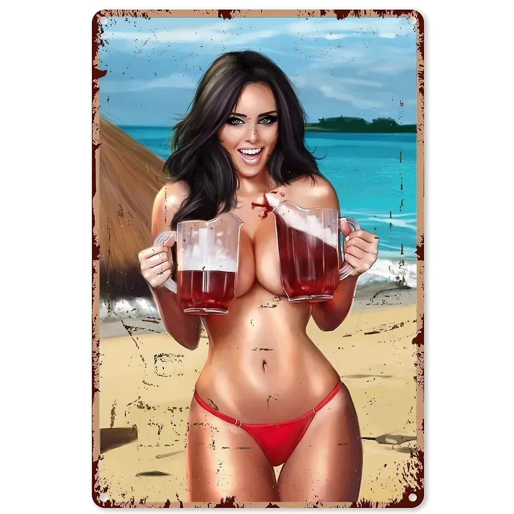 Pin-Up Girls Beer Metal Tin Sign Bar Decorations for Party Cheers Decor Aluminum Sign Wall Art Metal Poster for Man Cave Bar Pub