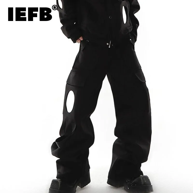 

IEFB Large Pocket Cargo Pants Niche Personality Mirror Splicing Design Trousers Loose High Street Male Straight Overalls 9A6994