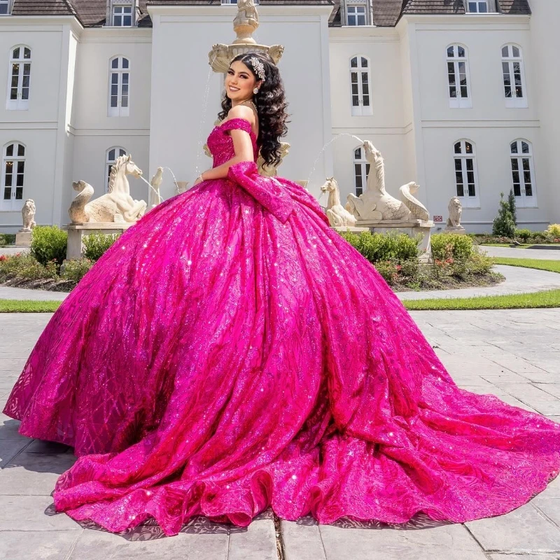 Rose Red Illusion Glitter Crystal Sequined Quinceanera Dresses Ball Gown Off The Shoulder Beading Corset Tull Vestidos 15 De XV