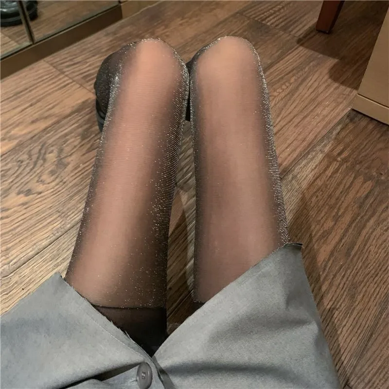 Women Black Thin Tights Pearl Silver Onion Silk Core Spun Elegant Sexy Summer Pantyhose Women's Silver Silk Shiny Stockings