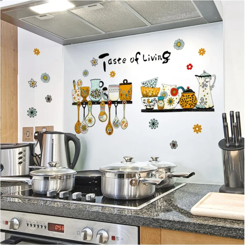 30*60CM Kitchen Wall Stickers Retro Pattern Tableware Decoration Dining Room Decor Beautification Self-Adhesive