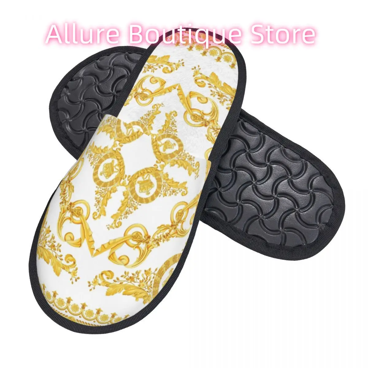 Custom Vintage Baroque Prints Greek Ornament Golden Meander Meandros Soft Scuff Memory Foam Slippers Women Hotel House Shoes