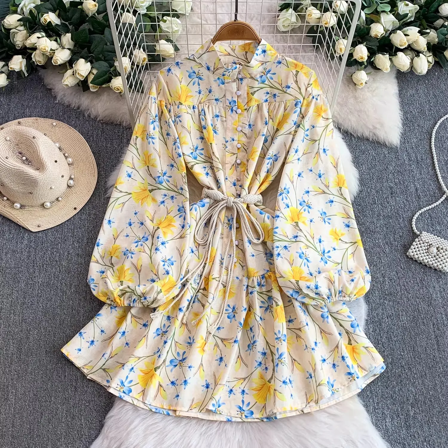 2026 Spring Summer Gorgeous Flower Women Dress Female Stand Collar Single Breasted Belt Floral Print Lace Up Short Dress