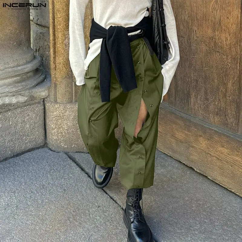 

INCERUN Men Pants Solid Color Joggers Button Hollow Out Trousers Men Loose Streetwear Sexy Fashion Casual Male Long Pants S-5XL