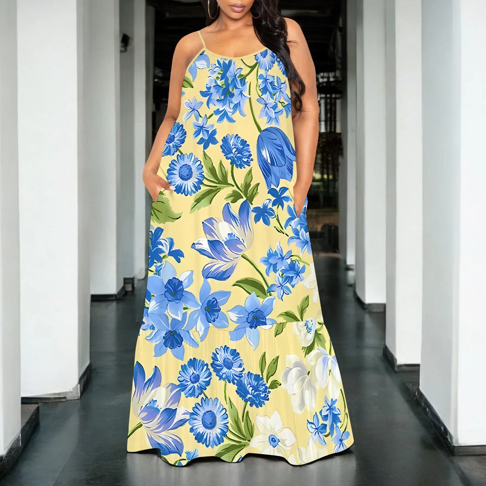 

Nupusa Blue Floral Print Dress for Women Standard Size Summer Casual Spaghetti Strap Maxi Dress