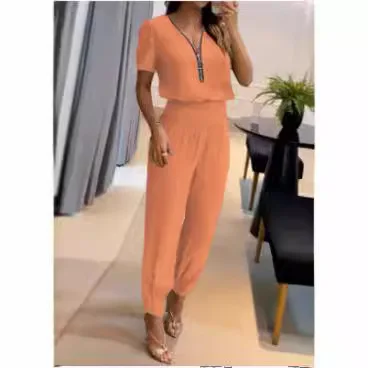 

Women's Suit, Top Pants, Casual Fashionable New Elegant V-neck Zipper Short-sleeved Top, Leggings and Trousers Two-piece Set