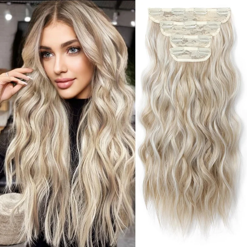 

Hair Extensions, 4PCS Clip in Hair Extensions Natural Soft Synthetic Hairpieces for Women（Golden Blonde with Highlights)