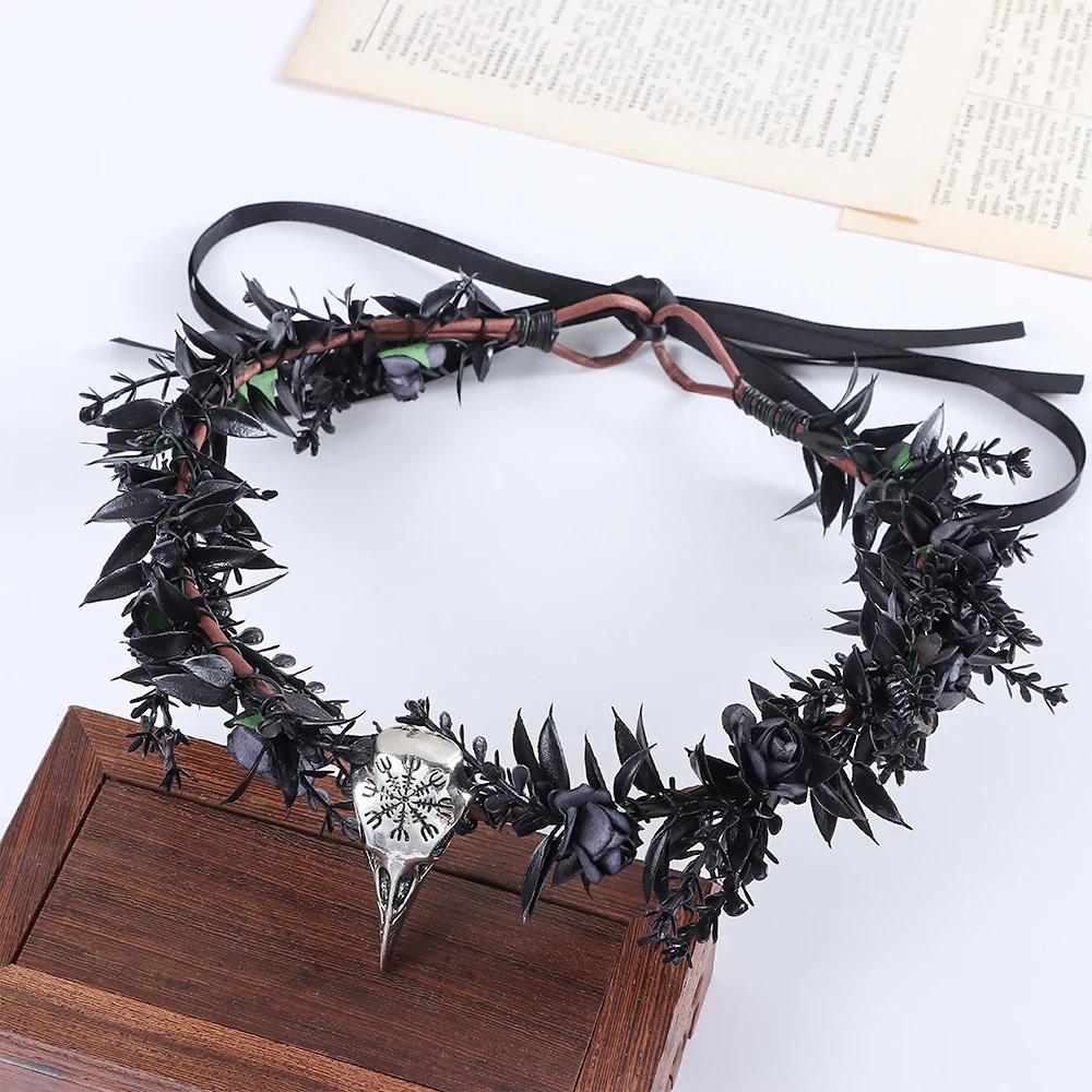 

Черная цветочная корона с рогами, модный костюм, повязка на голову феи для косплея, фотосессия, имитация тиара принцессы Эльфа, свадебный головной убор эльфа