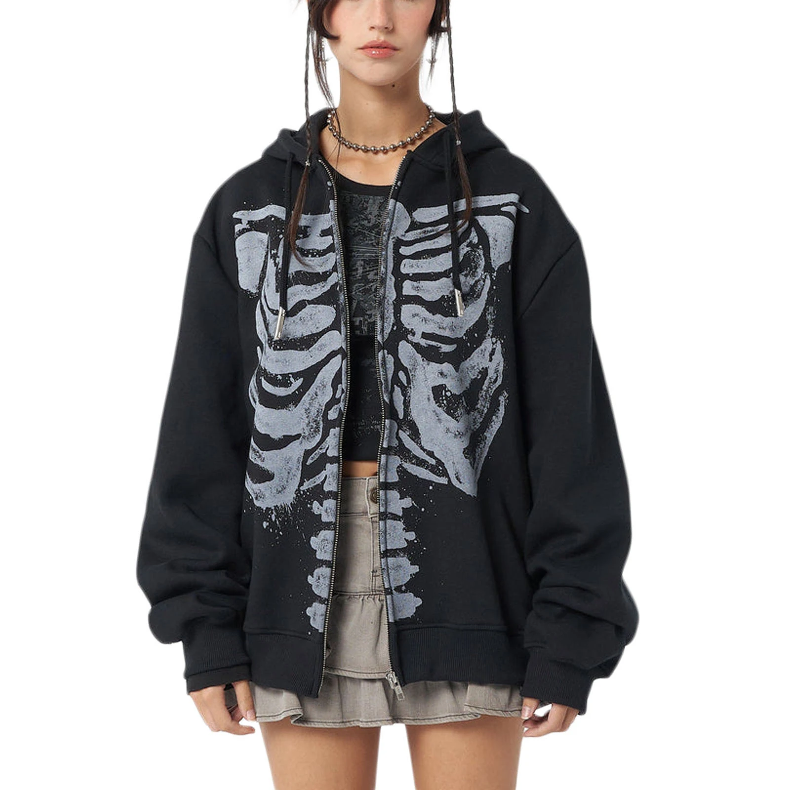 Women's Spring Autumn Casual Hooded Coat Black Long Sleeve Skull Print Zipper Hoodie