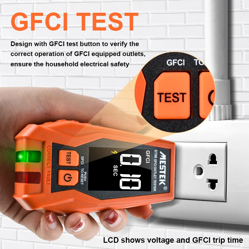 ST06 GFCI Outlet Tester 120V US Plug Color Screen GFCI Test Circuit Breaker Color Screen Live Neuter Wire Test Socket Detector