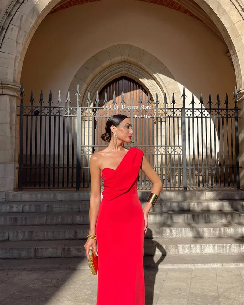 OLOEY-vestido de cetim macio de um ombro para mulheres, até o chão, vermelho, árabe, festa de casamento, vestidos formais