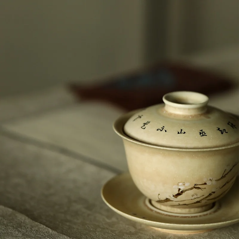 Pastel Fragrant Yellow Glaze White Plum Cover Teacup Jingdezhen Hand Drawn Kung Fu Teaware Ceramic Small Size Household Tea Brew