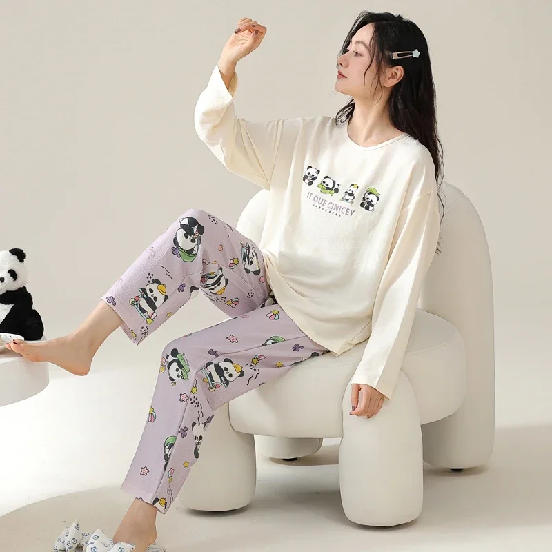 Cartoon Panda Womens Pajamas Sets Autumn Winter Long Sleeves Long Pants Cute Sleepwear Kawaii Pijamas Cozy Pyjamas Soft Girl Pjs