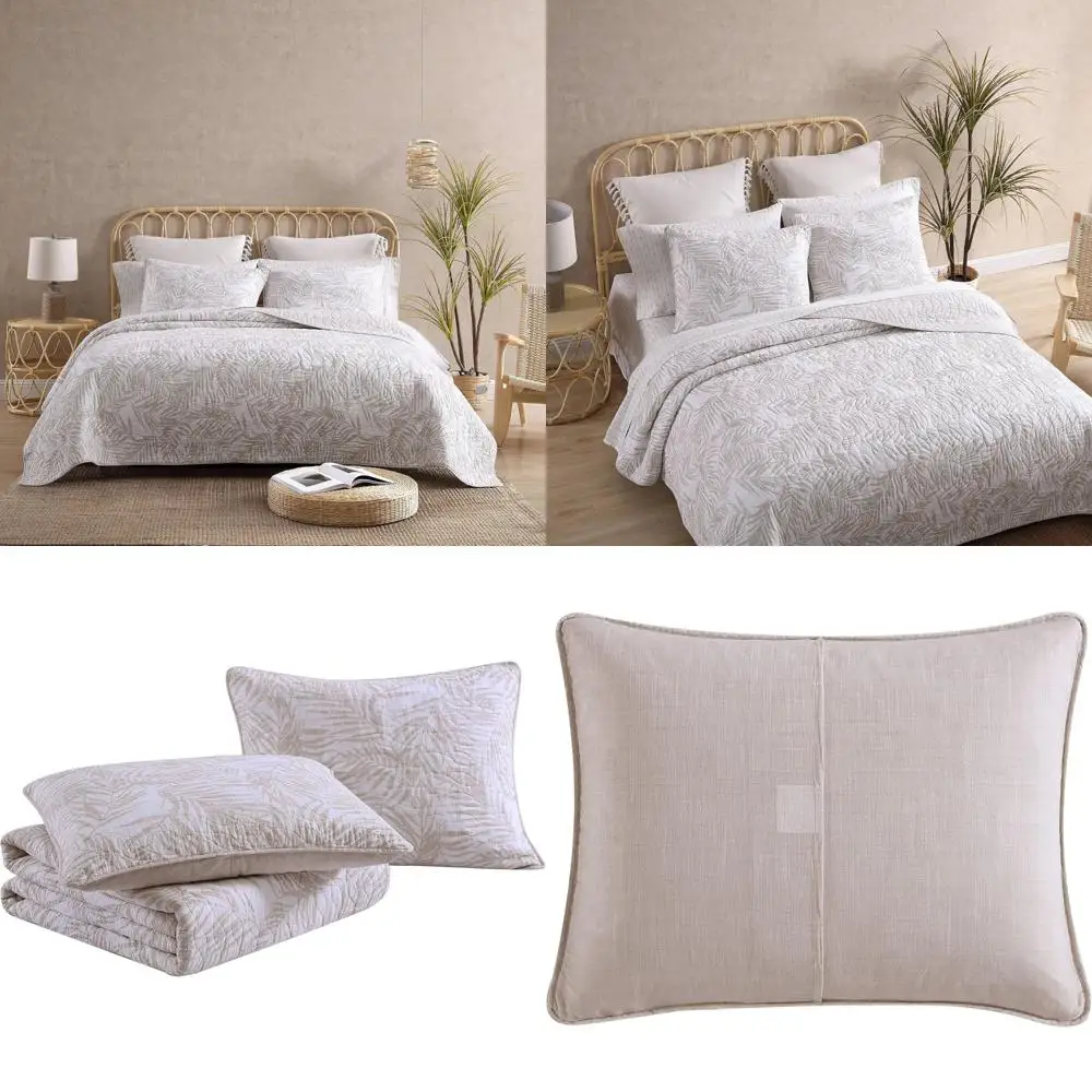 

Tommy Bahama Reversible Cotton Twin Quilt Set with Matching Sham, Tropical Palmday Beige, All-Season Home Decor