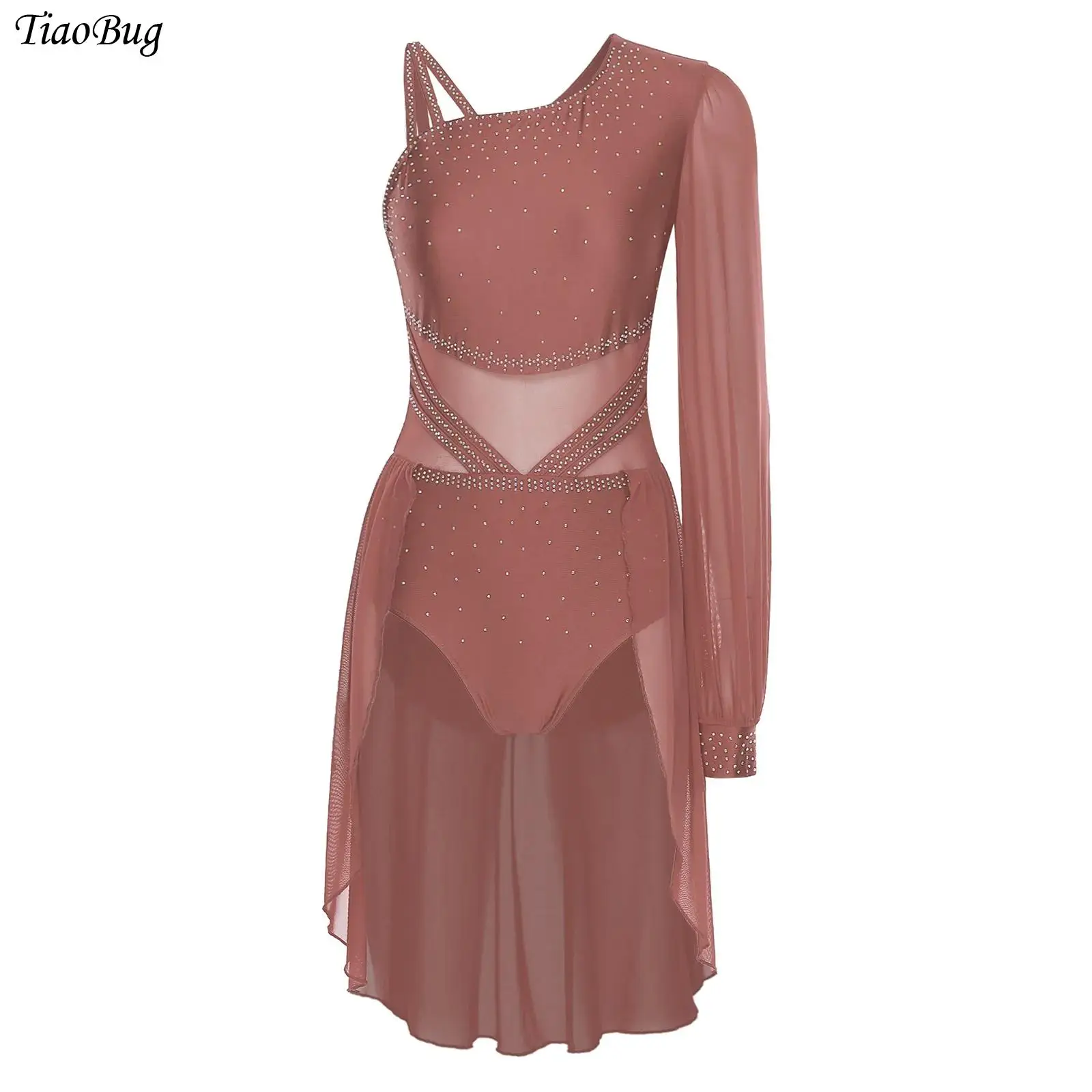 

Women Ballet Lyrical Dance Dress Gymnastic Figure Skating Costume One-shoulder Rhinestone Latin Contemporary Dance Leotard Dress