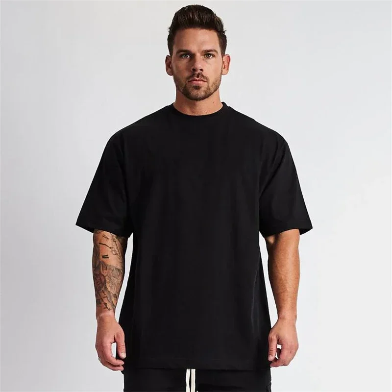Solid Color Gym Running Sport Clothing Fitness Oversized Loose Cotton Shirt Men Hip Hop Short Sleeve Bodybuilding Muscle T-shirt