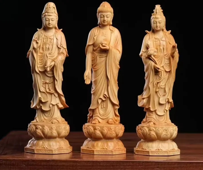 Boxwood Wood Carving Western Three Saints Amitabha Buddha Da Shengjie Bodhisattva Guanyin Living Room Ornament Crafts