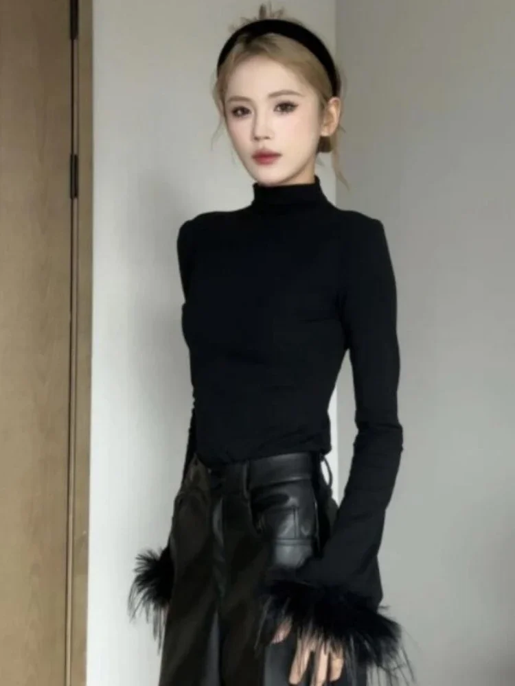 

Streetwear Fur Patchwork Sexy Long Sleeve Tops Women Harajuku Solid Vintage Tees Y2k Aesthetic Half High Collar T-shirts Grunge