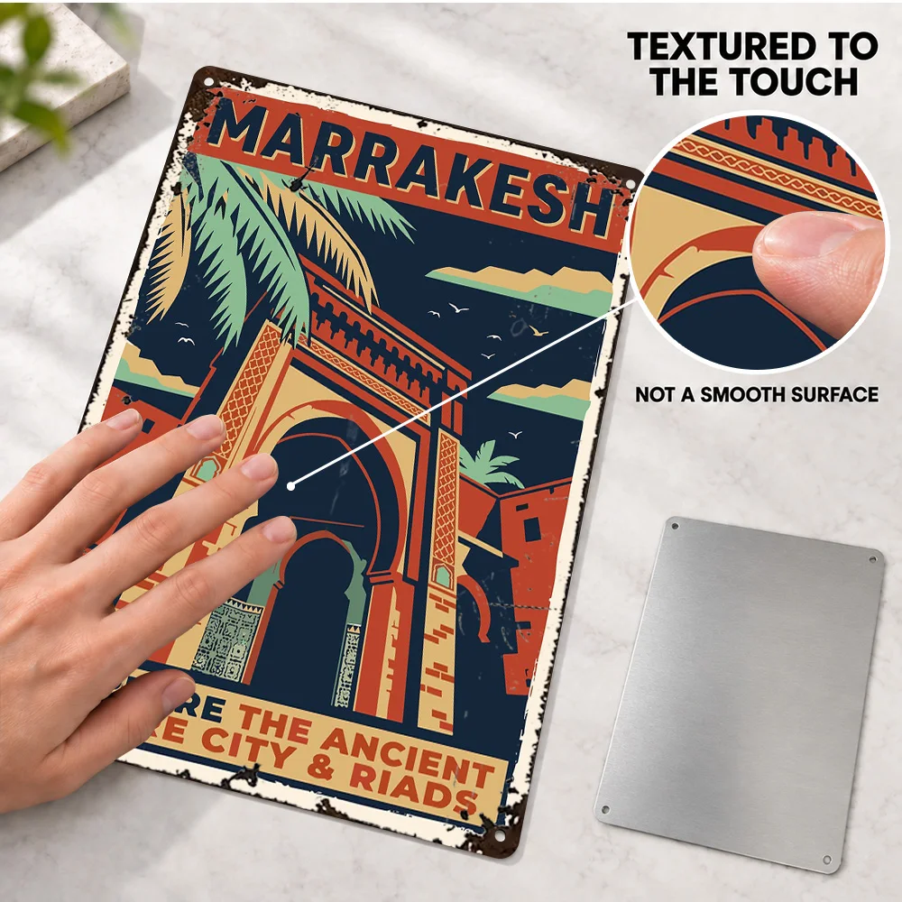 Vintage Marrakesh Morocco Travel Printed Poster Bold Design Entryway Wall Art Personalized Aluminum Metal Sign City Lover Gift