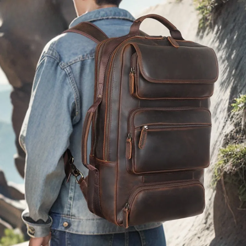 

Leather Backpack Vintage Cowhide Computer Backpack Men Casual Hiking Backpack Travel Bag School Bags Designer Bags Mochila 백팩